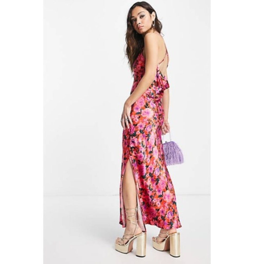 Topshop Women's Floral  Bright Midi Satin Slip Dress Size 10